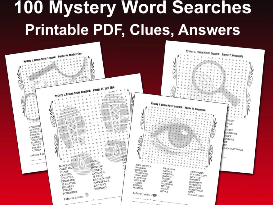 100 Printable Word Search Puzzles Adults Teens Mystery Themed Hidden Clues Instant Download Etsy