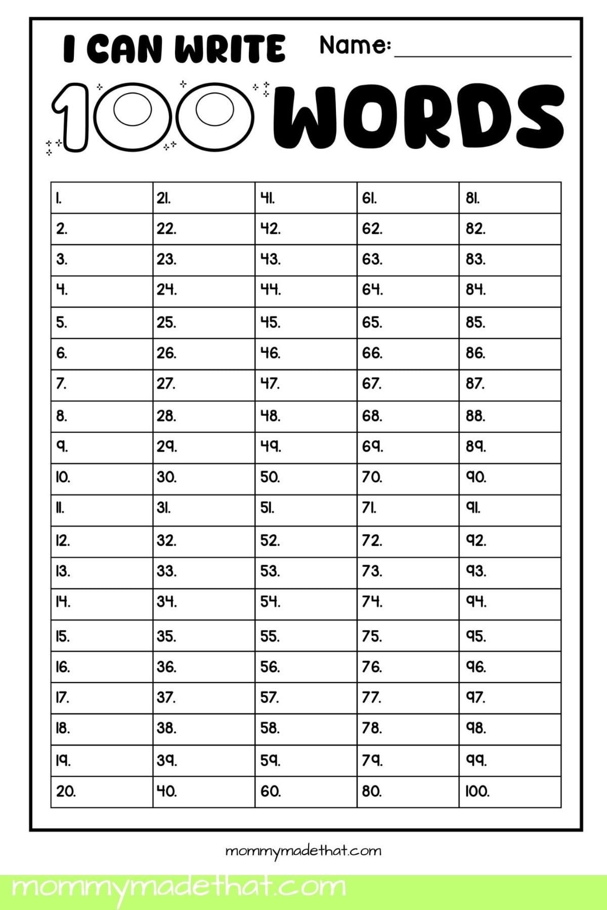 100th Day Of School Word Writing Activity