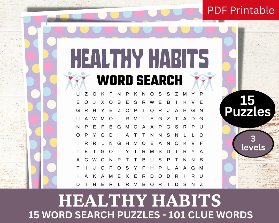 15 Healthy Habits Word Search Puzzle Game Good Practice Activity Self care Printable Love Yourself Game PDF Mental Health Party Theme Etsy