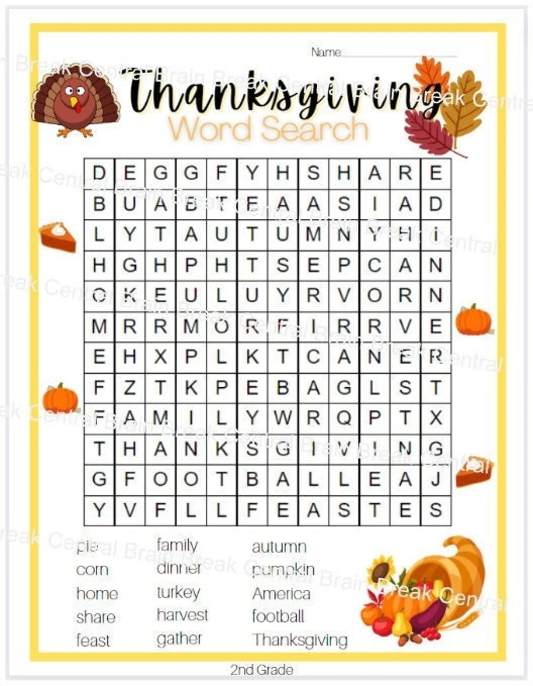 2nd Grade Thanksgiving Word Search With Answer Key Printable Etsy