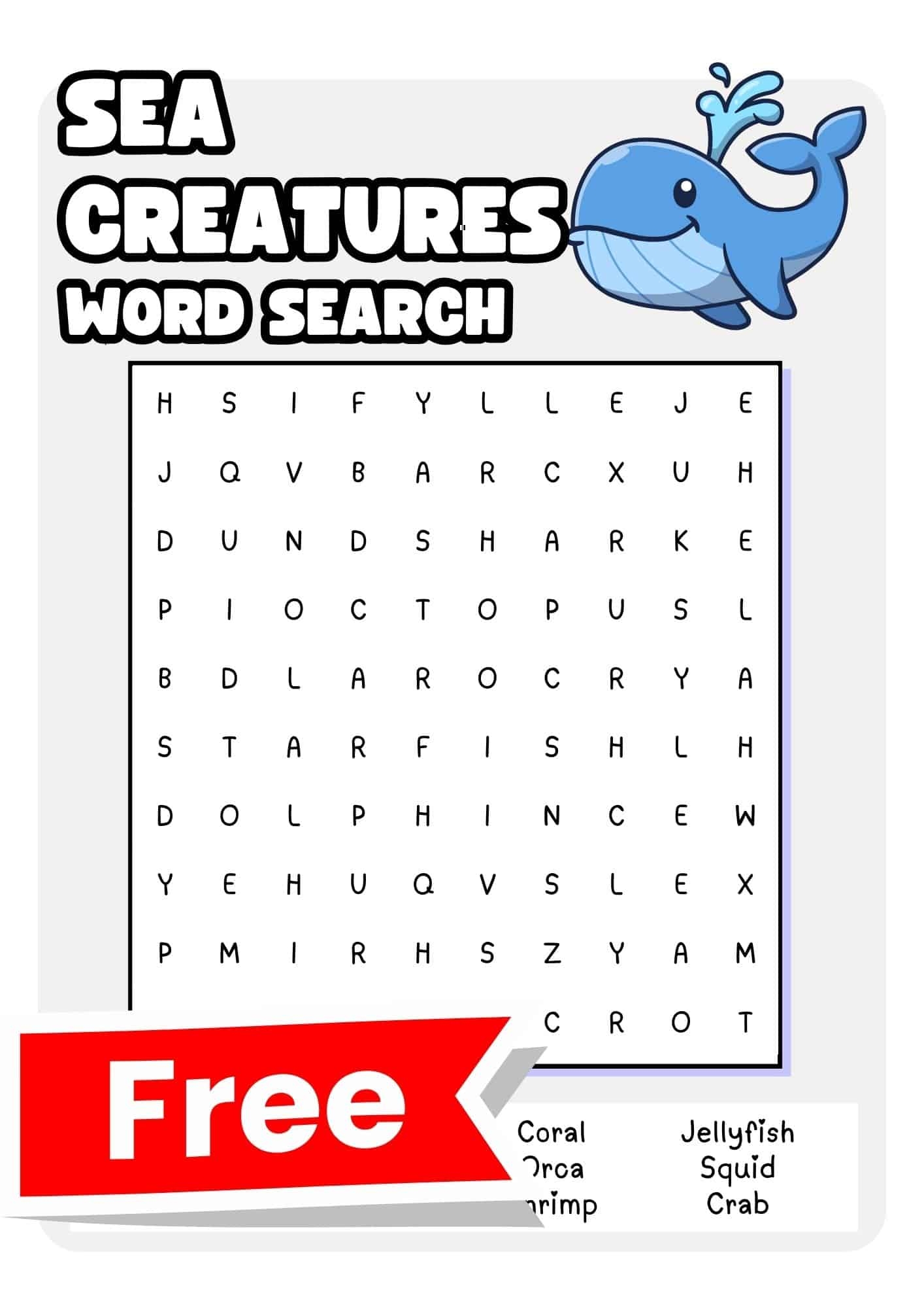 Sea Animal Word Search Free Printable
