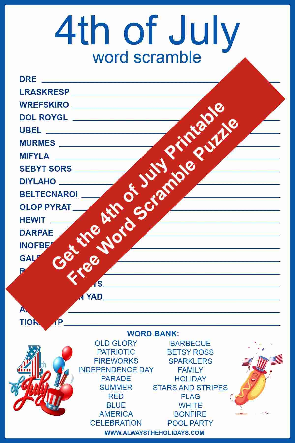 4th Of July Word Scramble With Answers Included Free Printable 