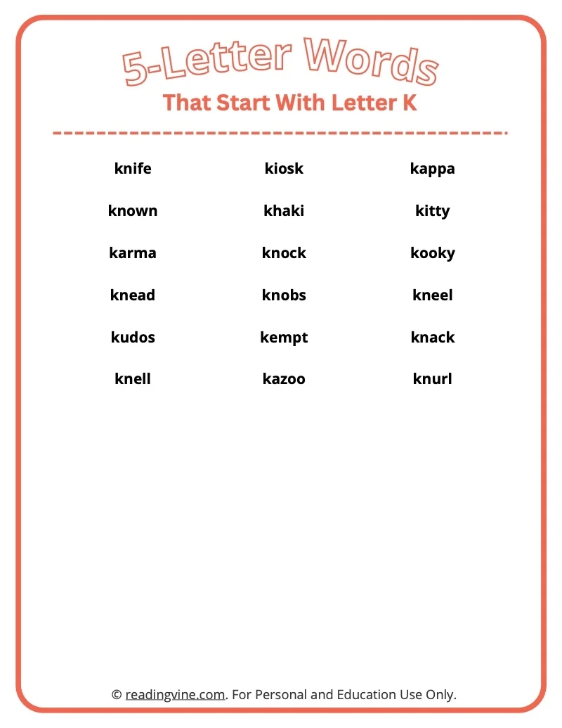 5 Letter Words That Start With K Printable List Worksheets