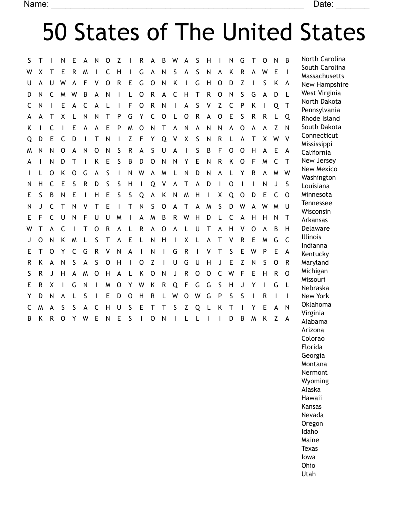 50 States Of The United States Word Search WordMint