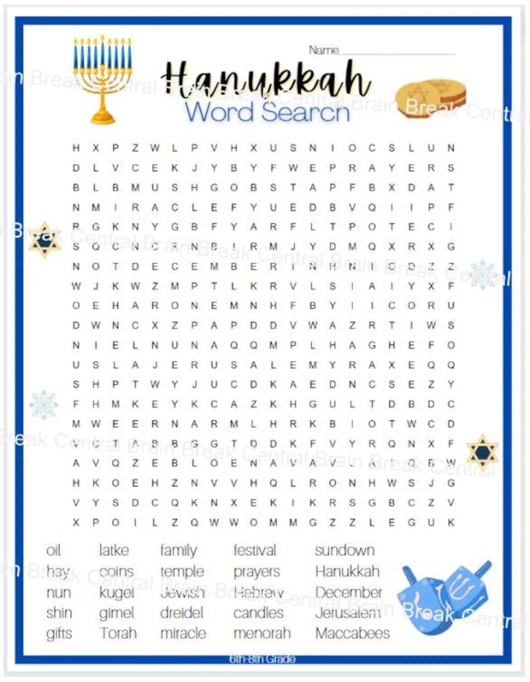 6th 8th Grade Hanukkah Word Search With Answer Key Printable Etsy