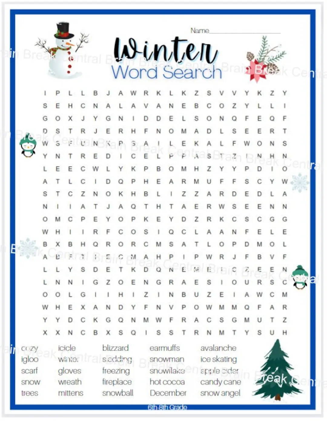 6th 8th Grade Winter Word Search With Answer Key Printable Etsy New Zealand