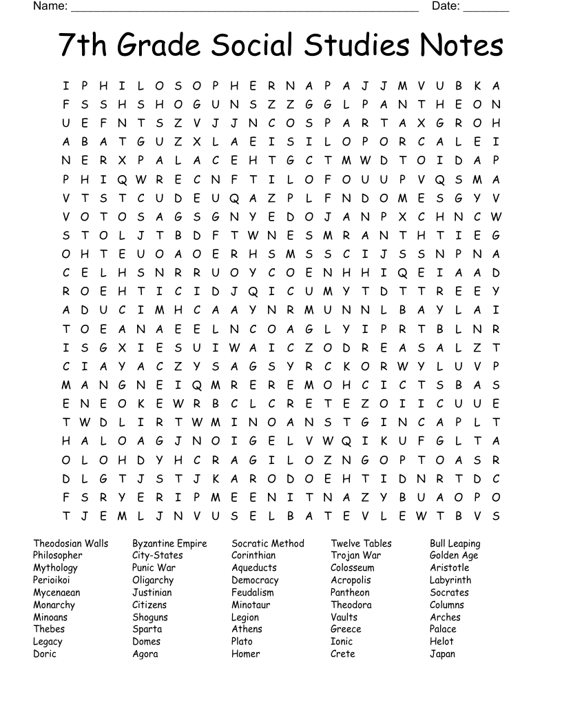 7th Grade Social Studies Notes Word Search WordMint