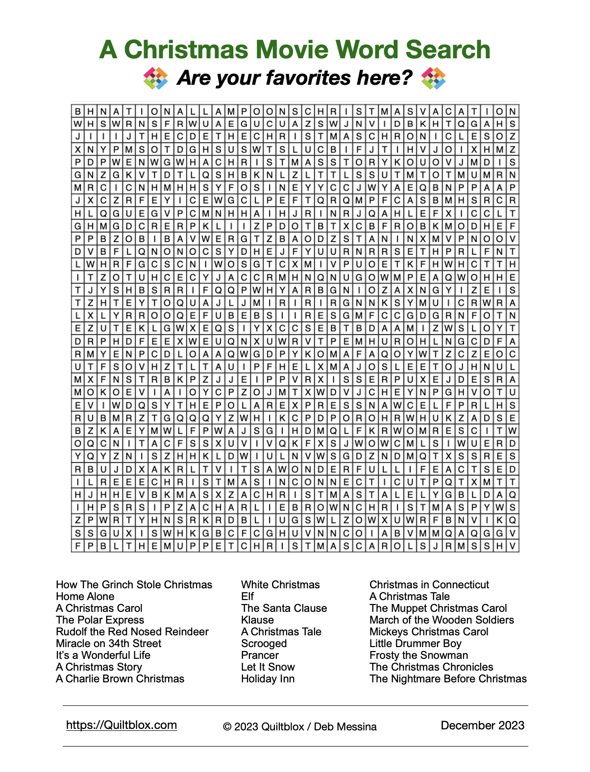 A Christmas Movies Word Search Quiltblox