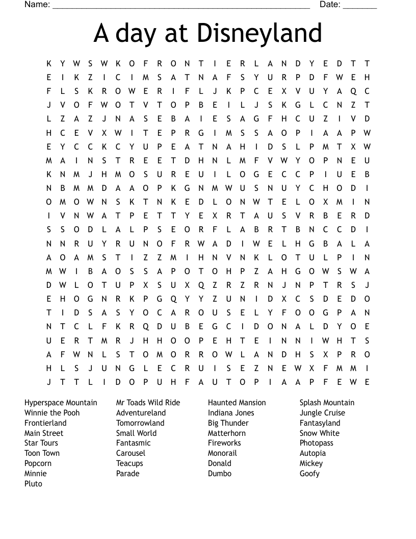 A Day At Disneyland Word Search WordMint