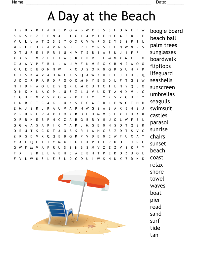 A Day At The Beach Word Search WordMint
