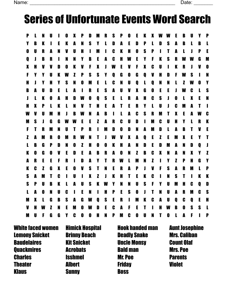 A Series Of Unfortunate Events Word Search WordMint