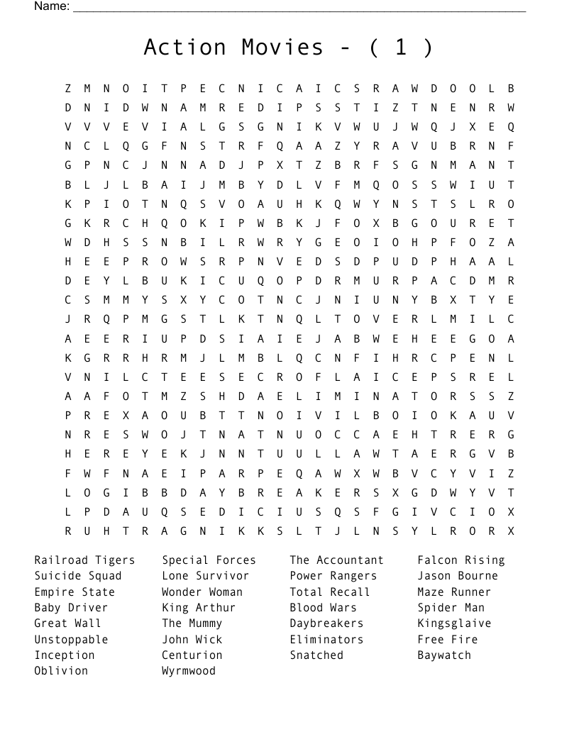 Action Movies 1 Word Search WordMint