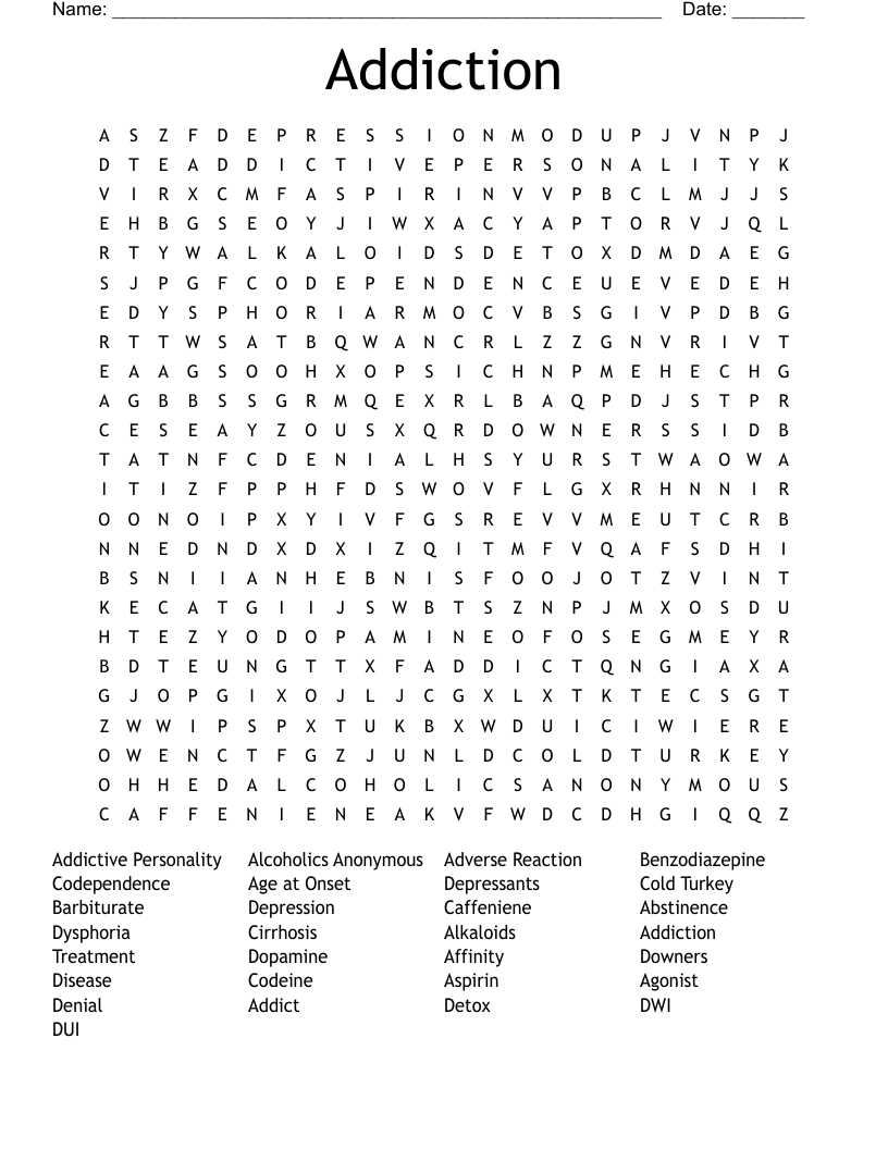 Addiction Word Search WordMint