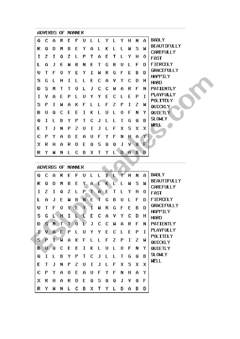 ADVERBS OF MANNER Word Search ESL Worksheet By Anto11 ADVERBS OF MANNER Word Search ESL Worksheet By Anto11