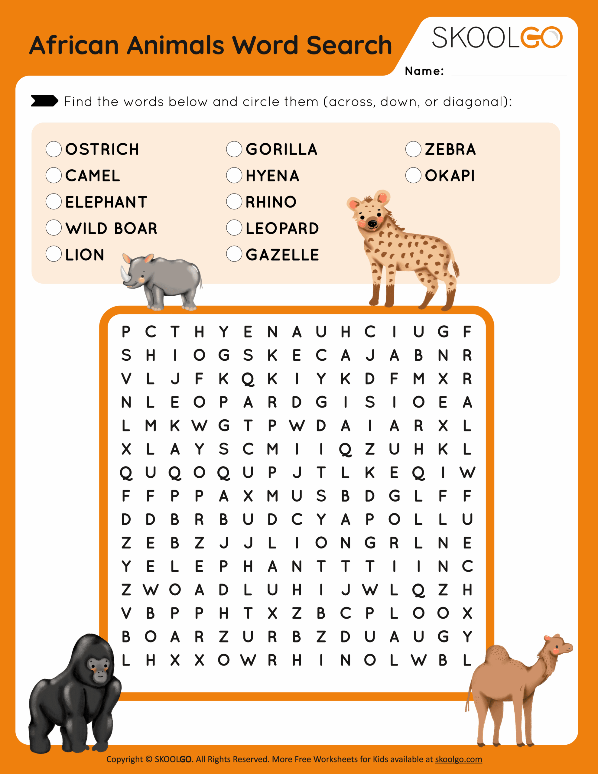 African Animals Word Search Free Game For Kids SKOOLGO
