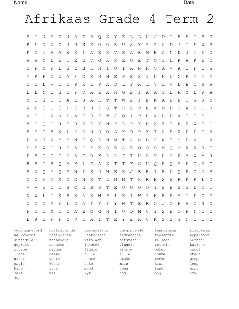 Afrikaas Grade 4 Term 2 Word Search WordMint Worksheets Library