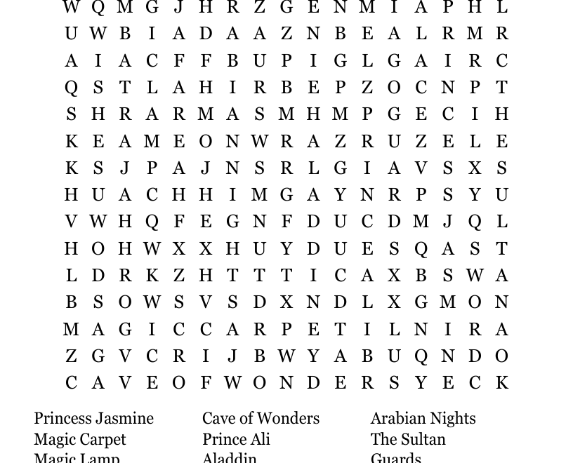 Aladdin Word Search WordMint