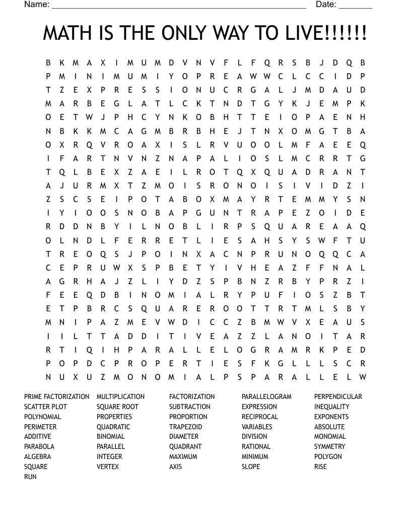 Algebra Terms Word Search WordMint