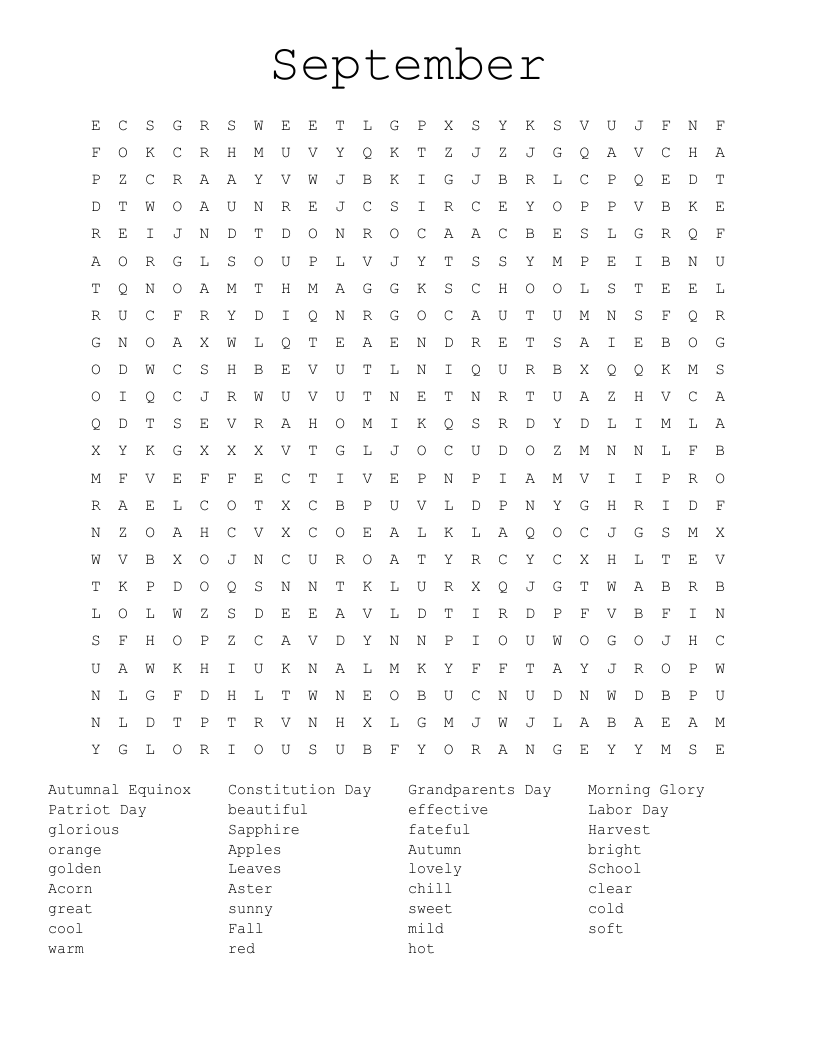 September Printable Word Search Puzzles