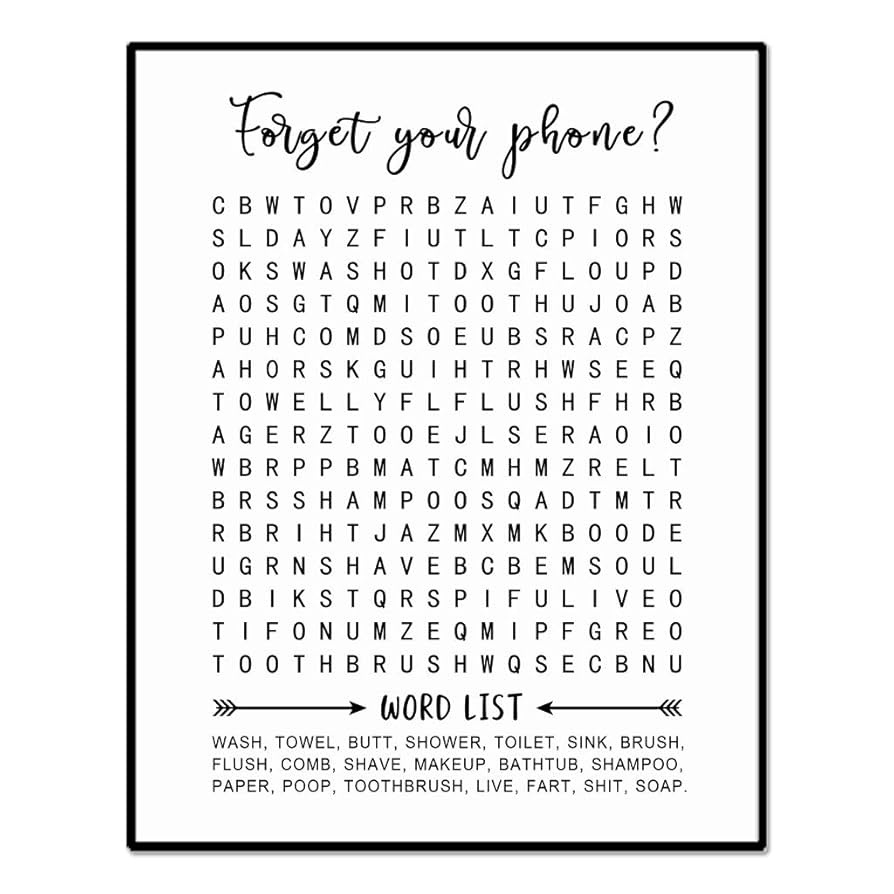 Amazon Bathroom Word Search Forget Your Phone Word Search Puzzle Bathroom Wall Art Bathroom Sign 8x10 Inch Unframed Home Kitchen