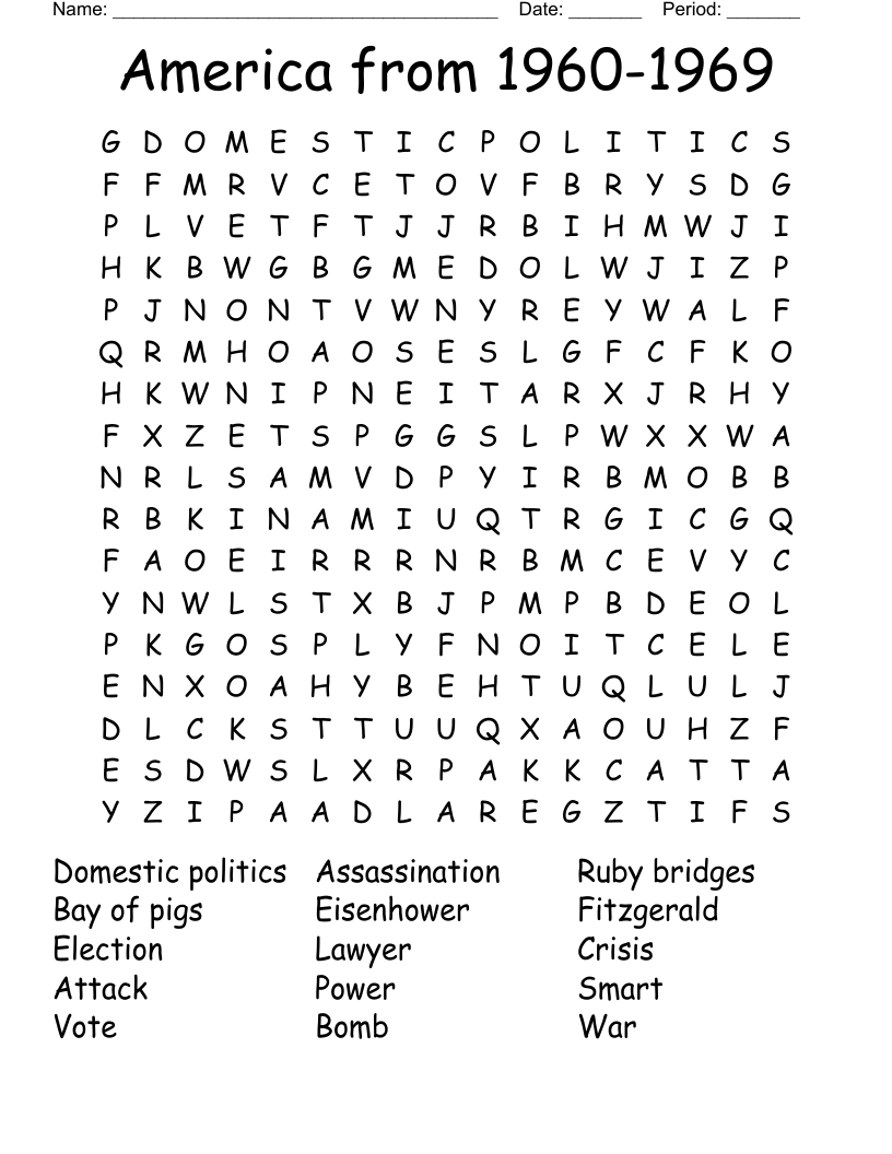 America From 1960 1969 Word Search WordMint