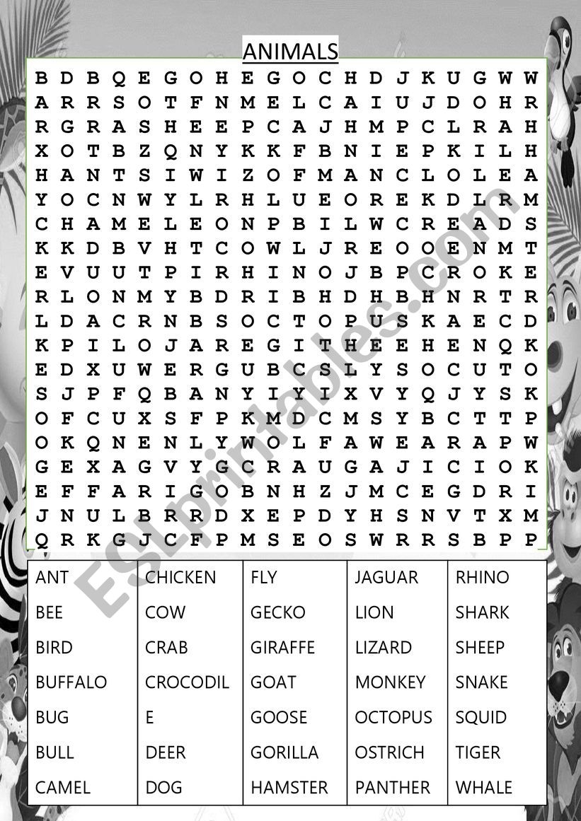 An Advanced Animals Wordsearch ESL Worksheet By Harriezt