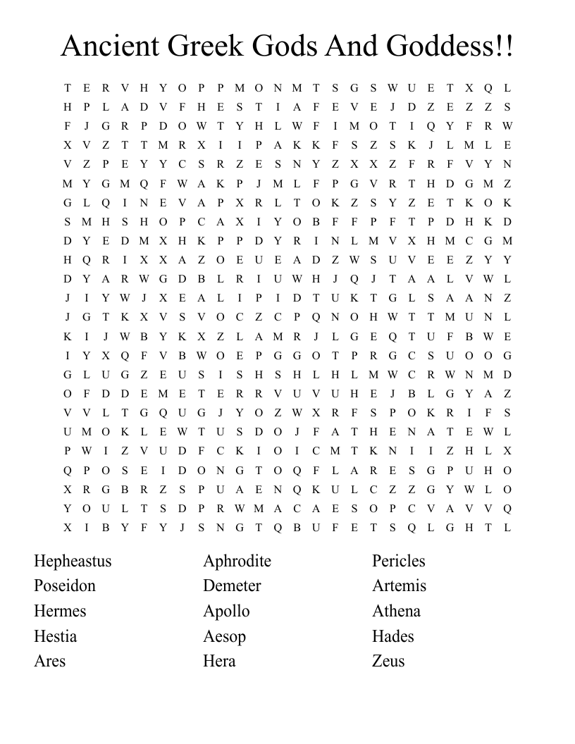 Ancient Greek Gods And Goddess Word Search WordMint