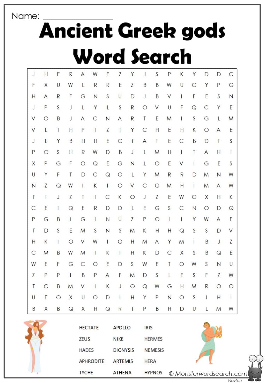 Ancient Greek Gods Word Search 2 Monster Word Search