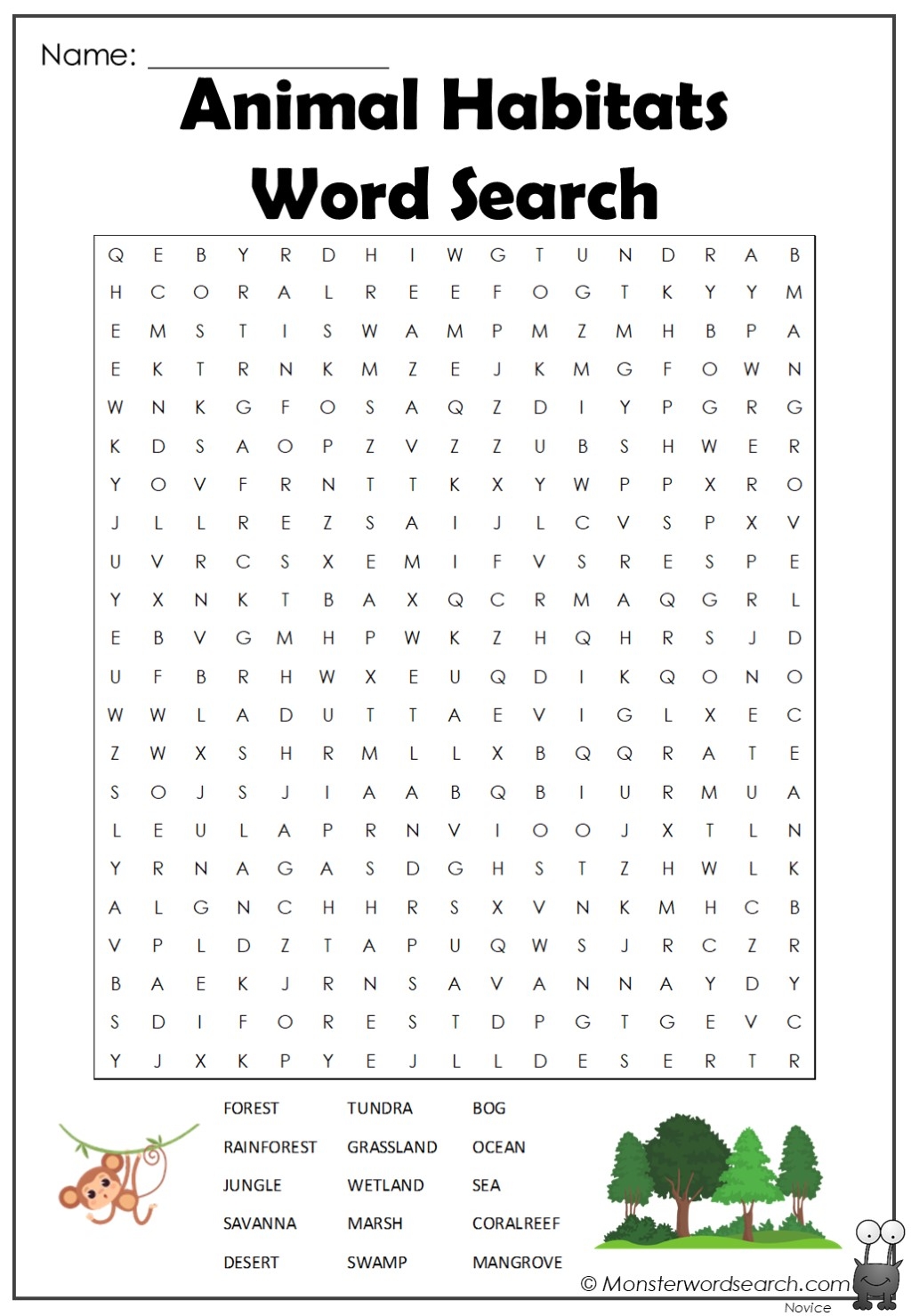animal habitats word search monster word search