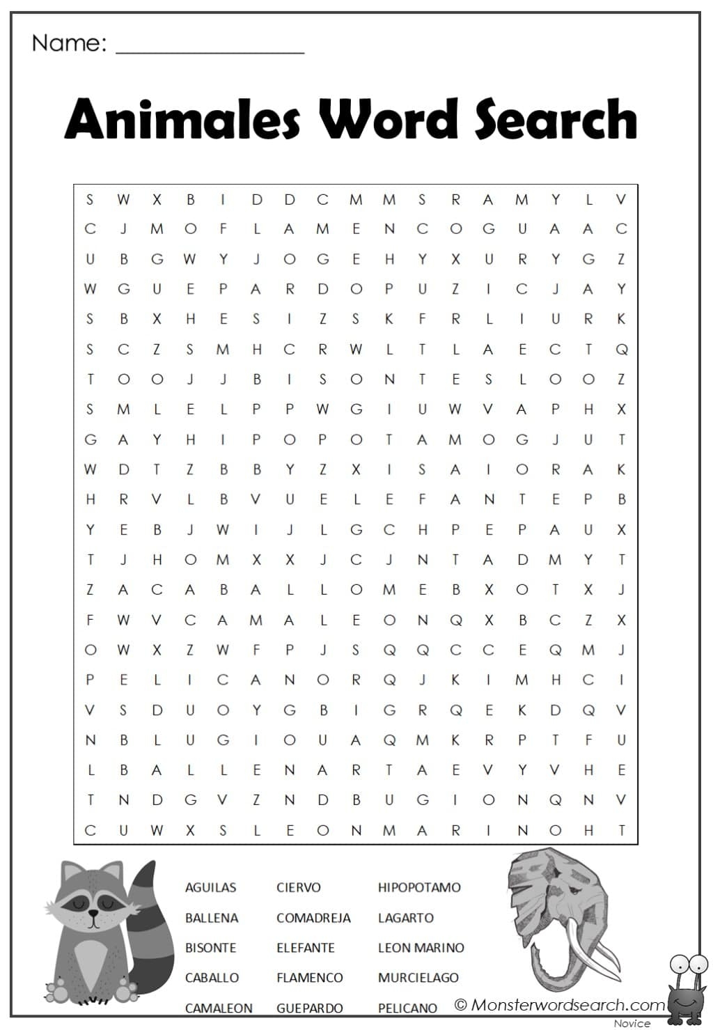 Animales Word Search Monster Word Search Worksheets Library Animales Word Search Monster Word Search Worksheets Library
