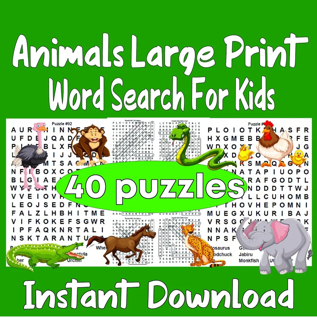 Animals Large Print Word Search For Kids Word Search Printable With Solutions instant Download zoo Animal Word Search Etsy