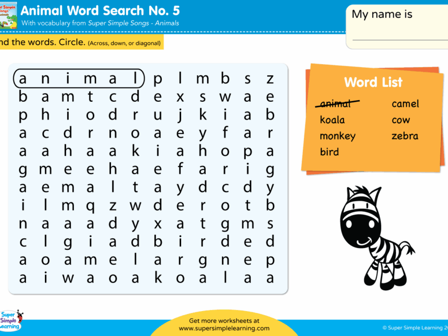 Animals Word Search 5 Super Simple