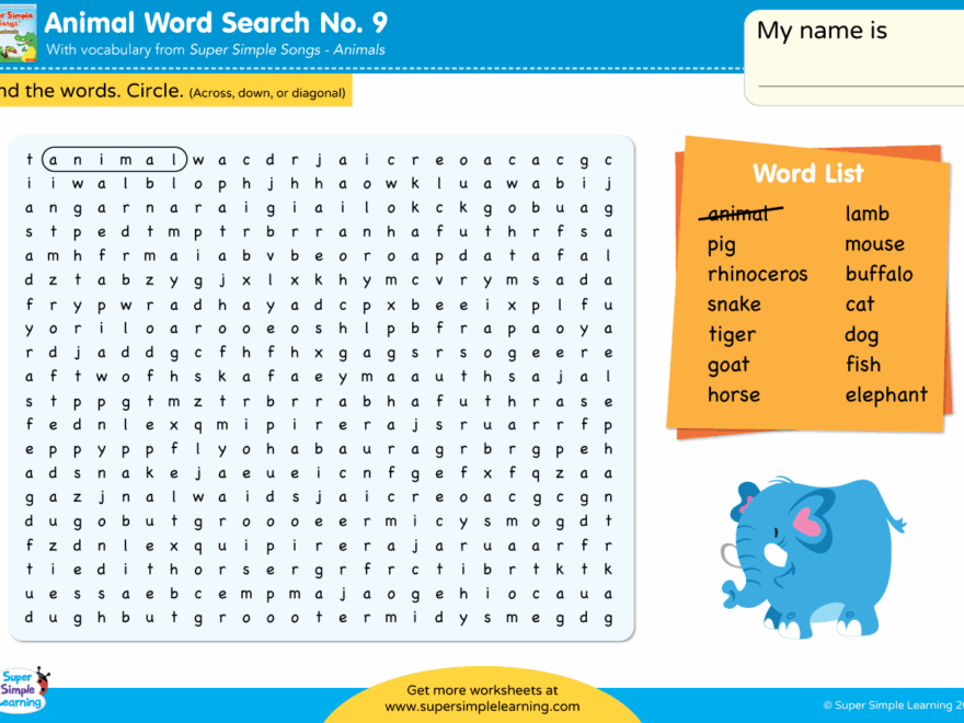 Animals Word Search 9 Super Simple