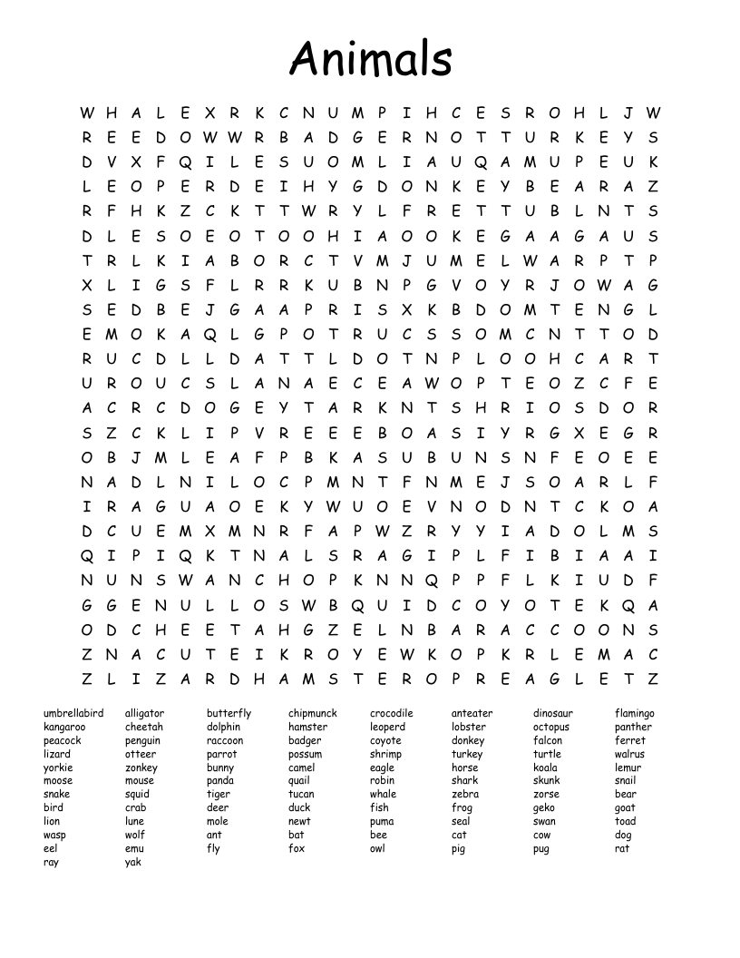 Animals Word Search WordMint