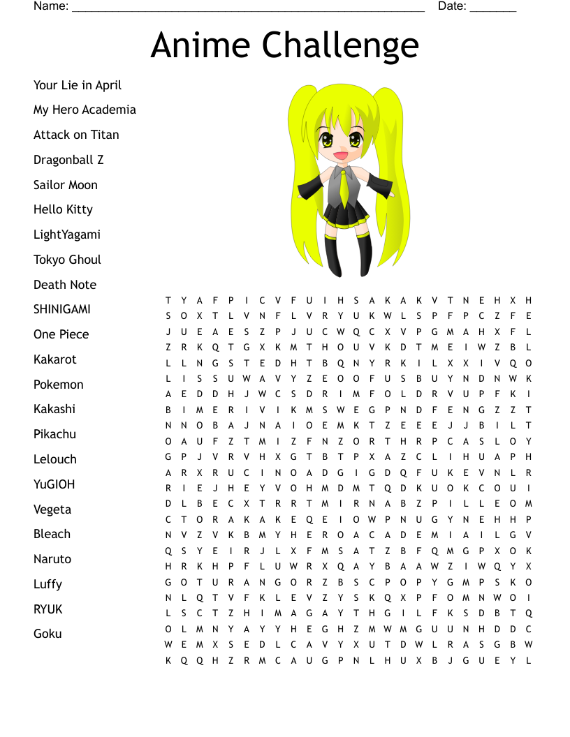 Anime Challenge Word Search WordMint