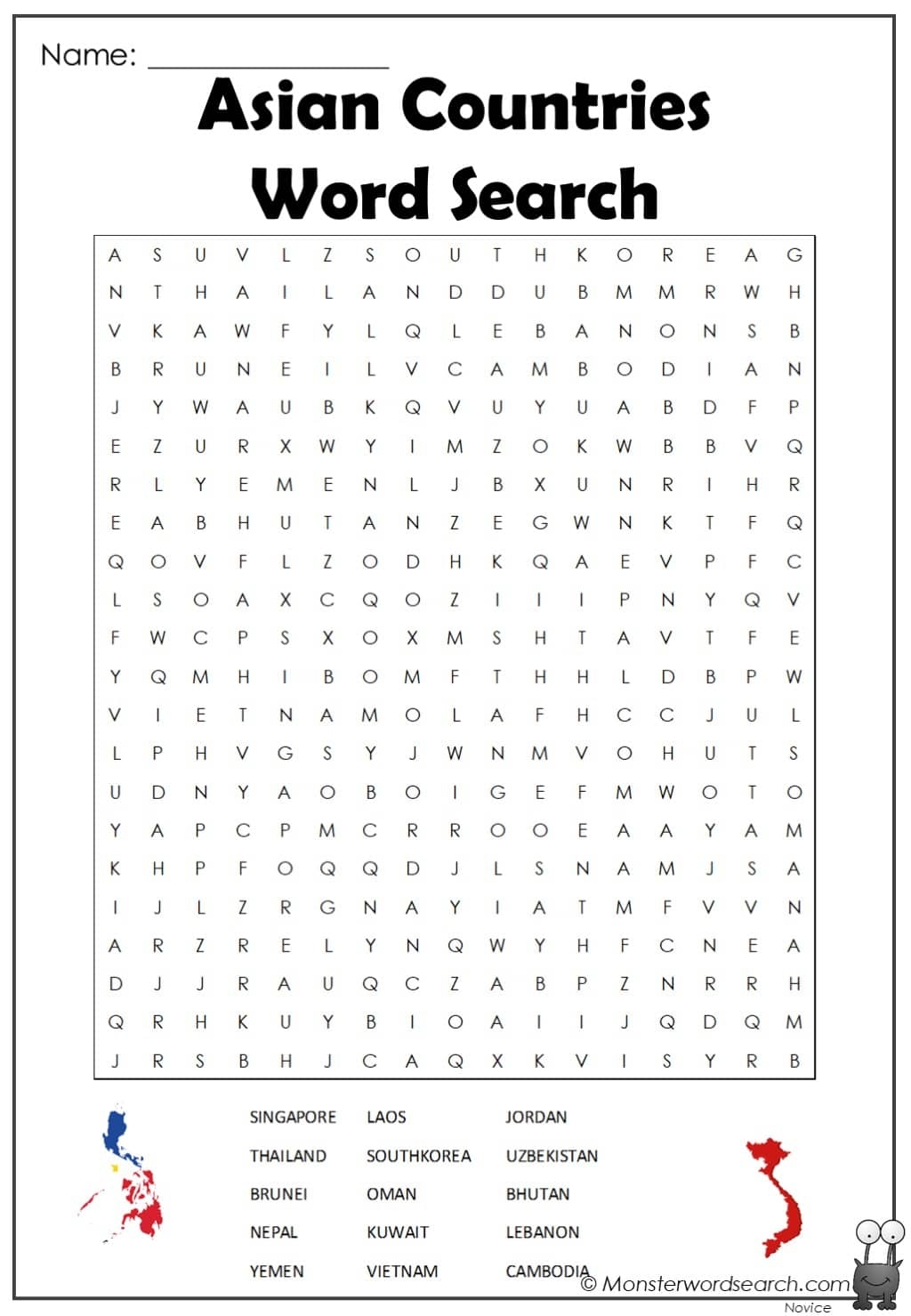Asian Countries Word Search Monster Word Search