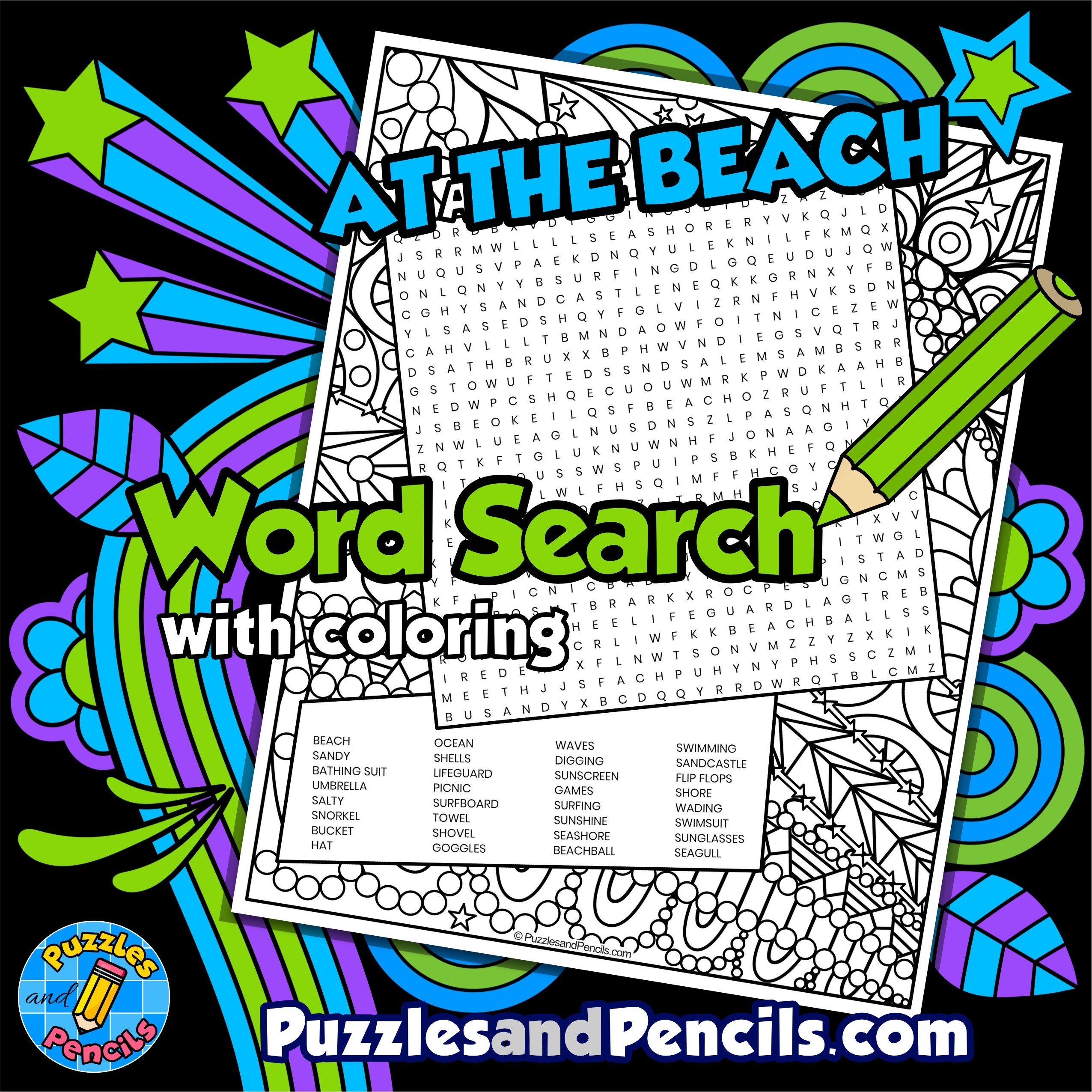 At The Beach Word Search Puzzle With Coloring Summer Wordsearch Made By Teachers