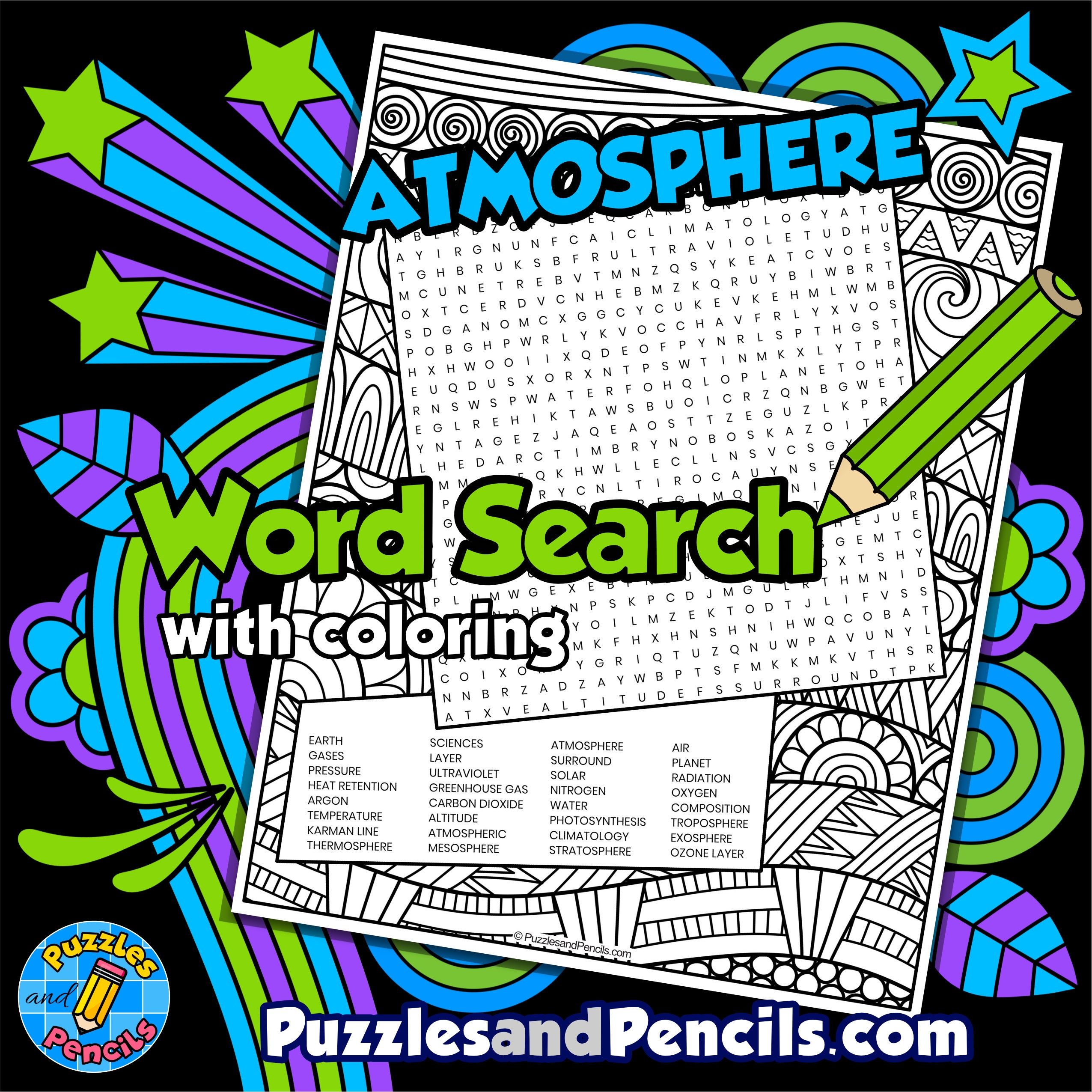 Atmosphere Word Search Puzzle With Coloring Earth Sciences Wordsearch Made By Teachers