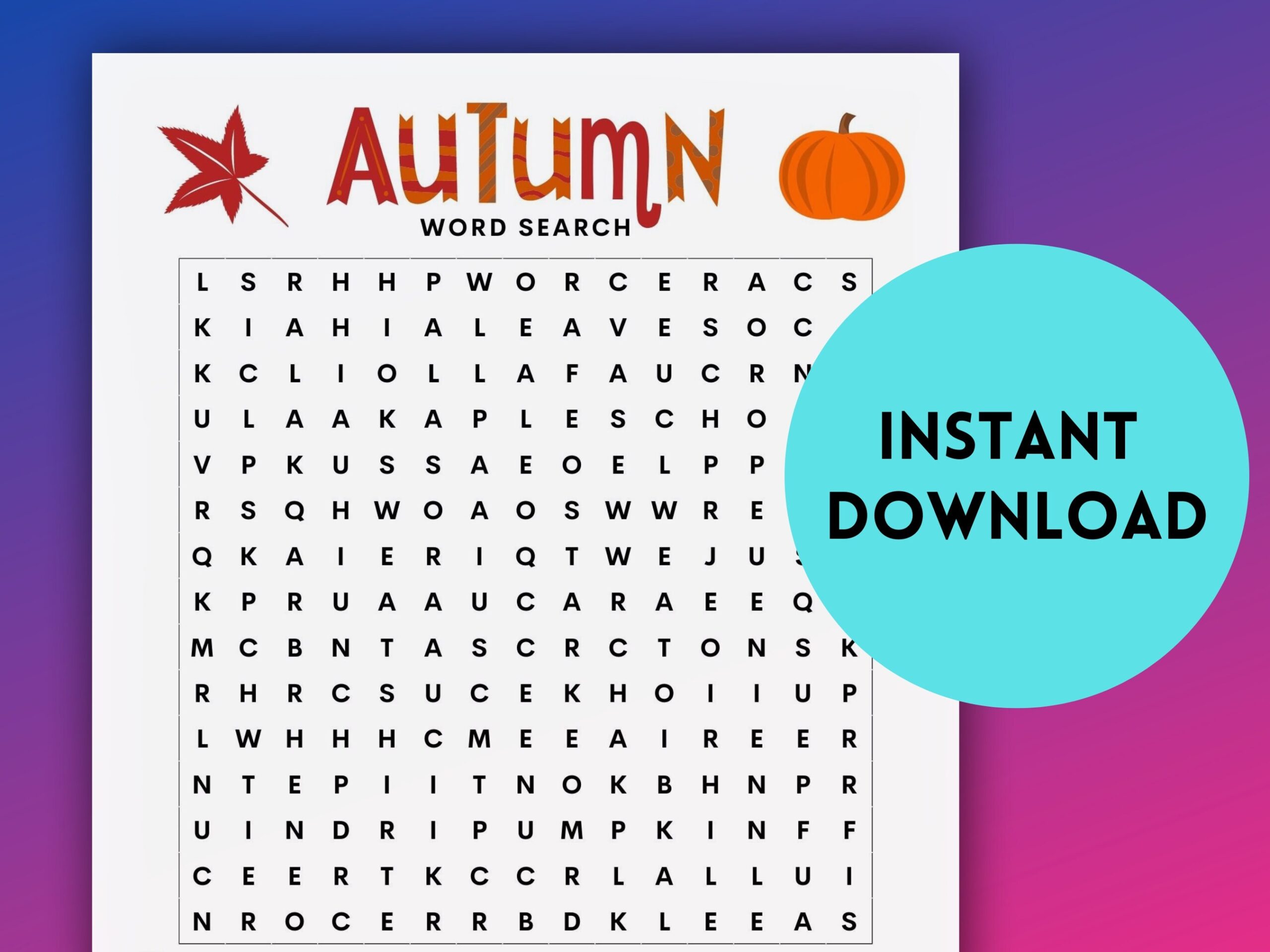 Autumn Fall Word Search Instant Download Printable Activity Etsy