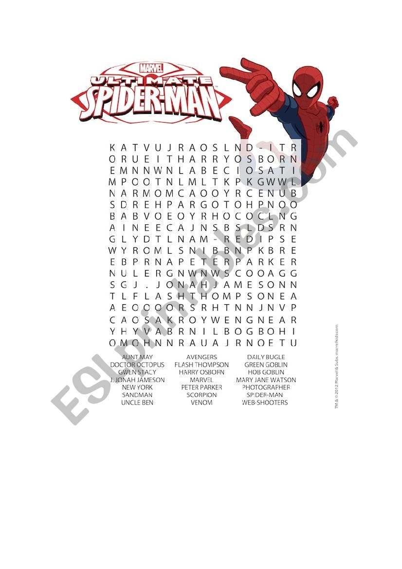 AVENGER SPIDERMAN WORD SEARCH ESL Worksheet By DCcheng