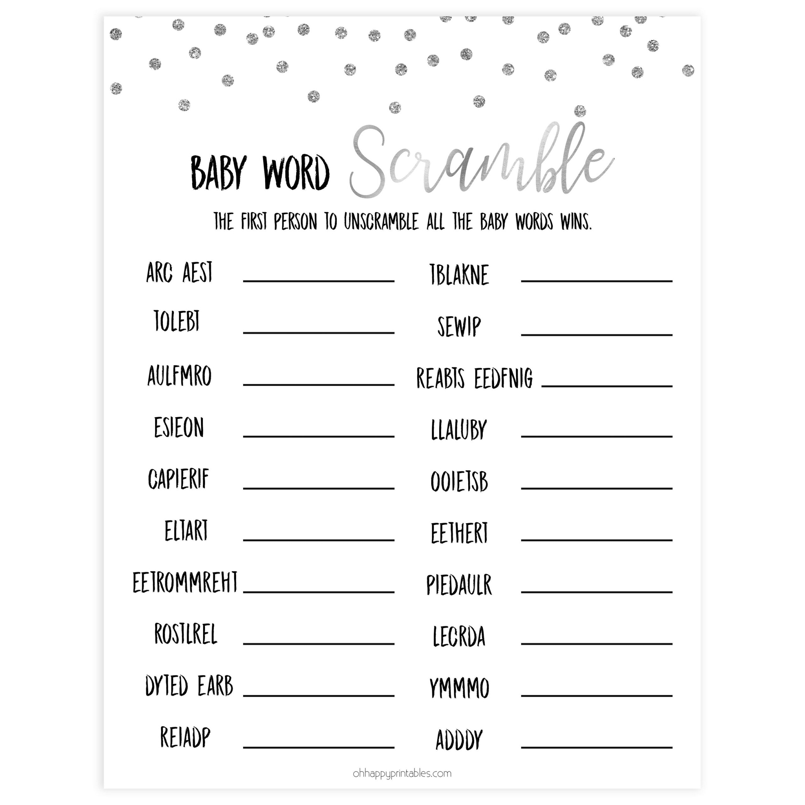 Baby Shower Word Scramble Silver Glitter Printable Baby Games Worksheets Library