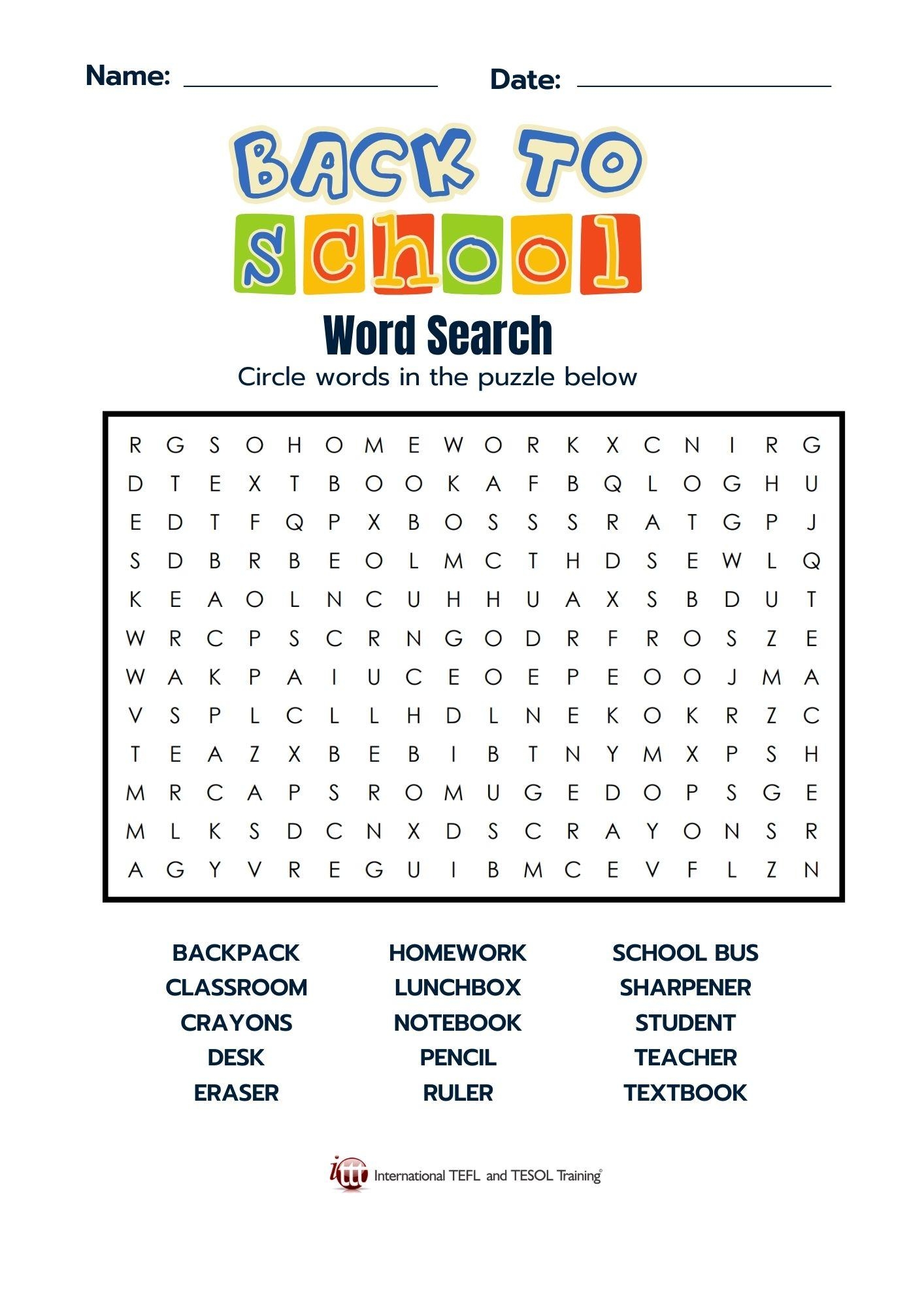Back To School Vocabulary EFL Word Search ITTT