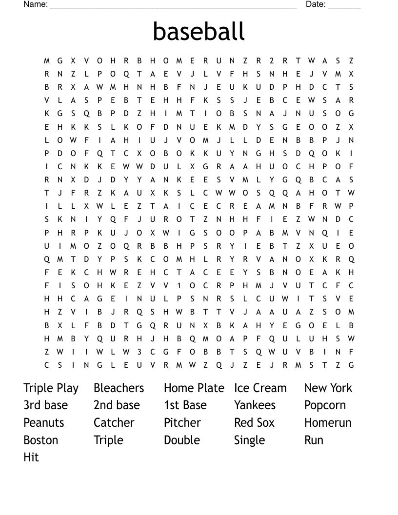 Baseball Word Search WordMint