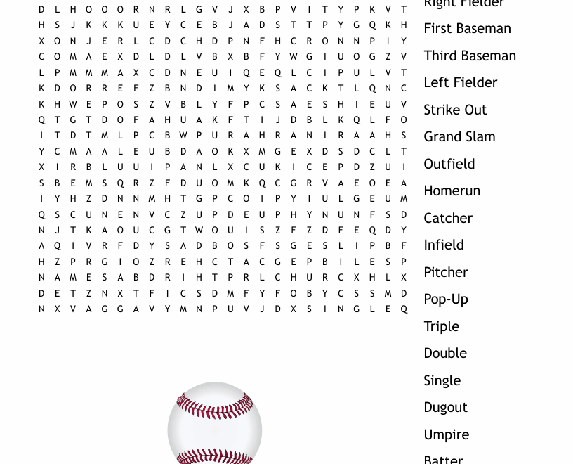 Baseball Word Search WordMint