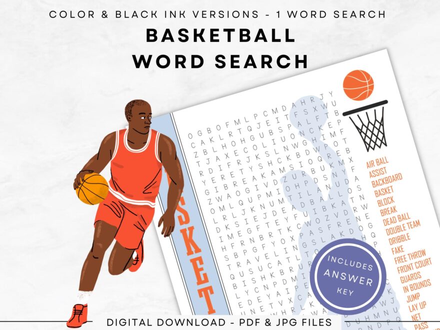 Basketball Word Search For Instant Download Sports Word Puzzle Print In Color black Ink US Letter Full half Pages Etsy