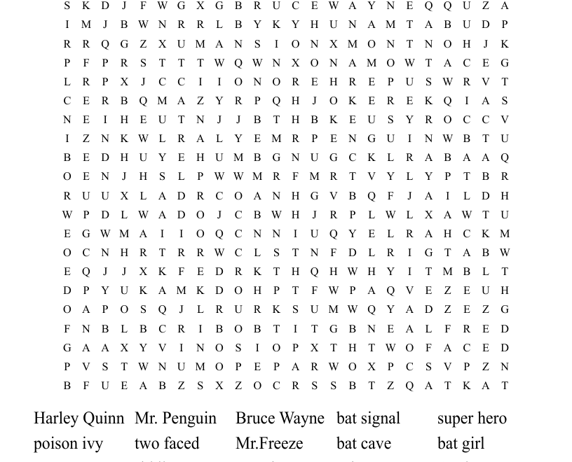 Batman Word Search WordMint