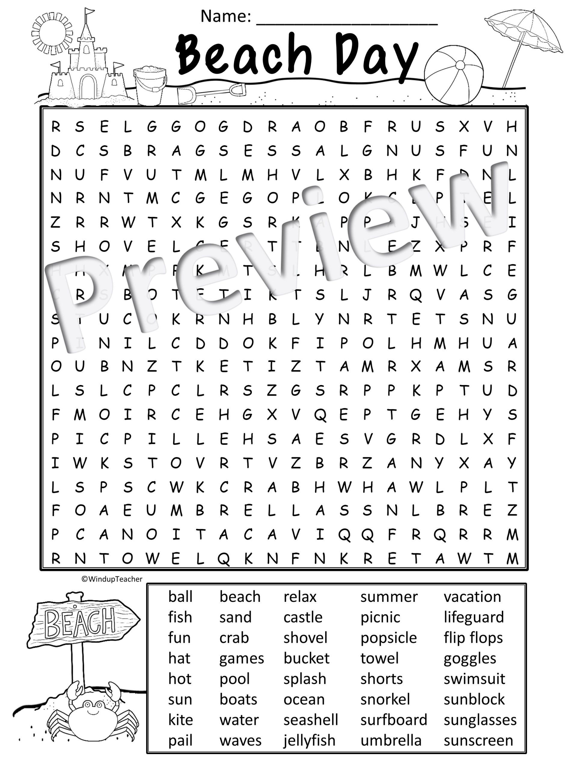 Beach Word Search Printable