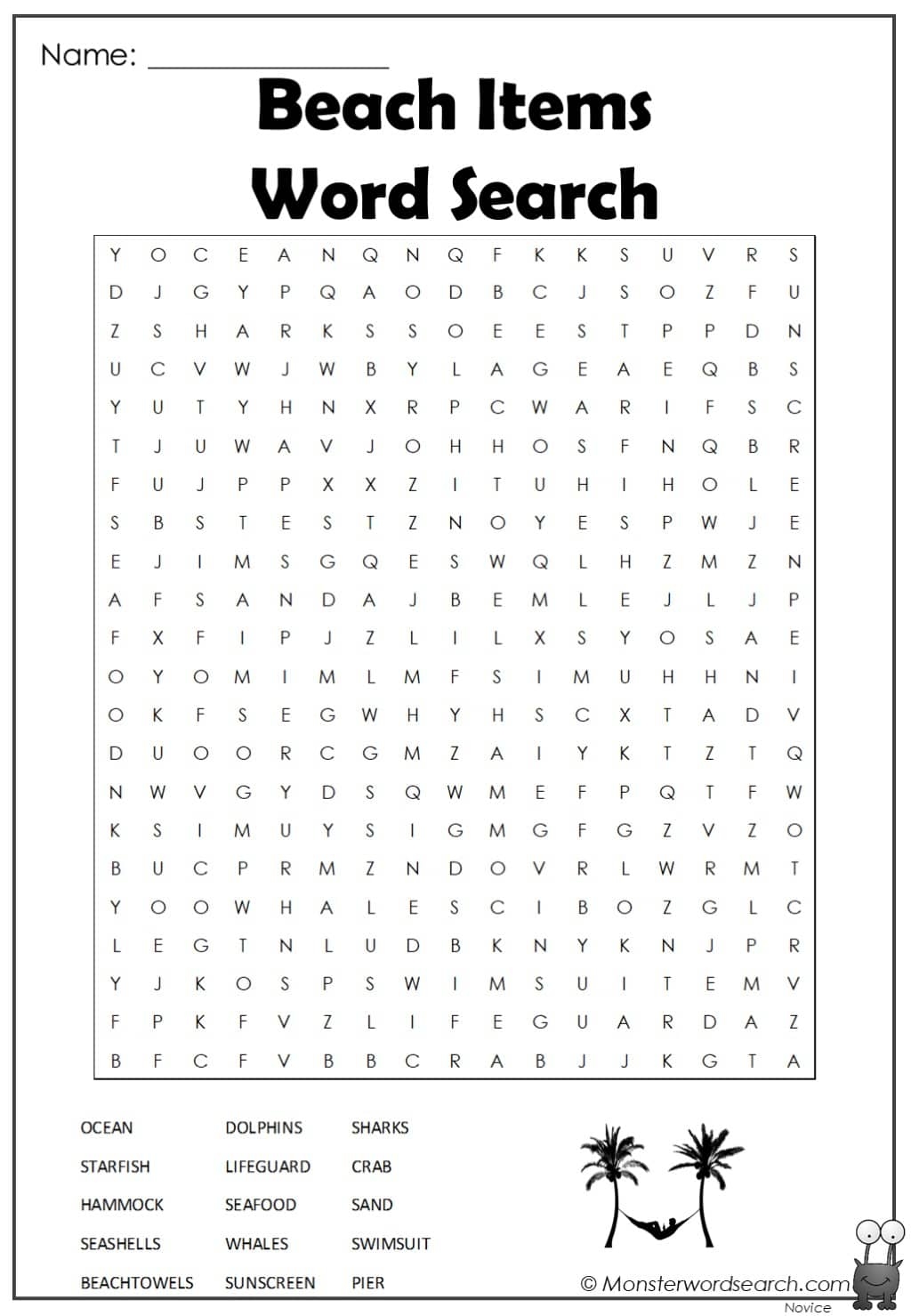 Beach Items Word Search Monster Word Search