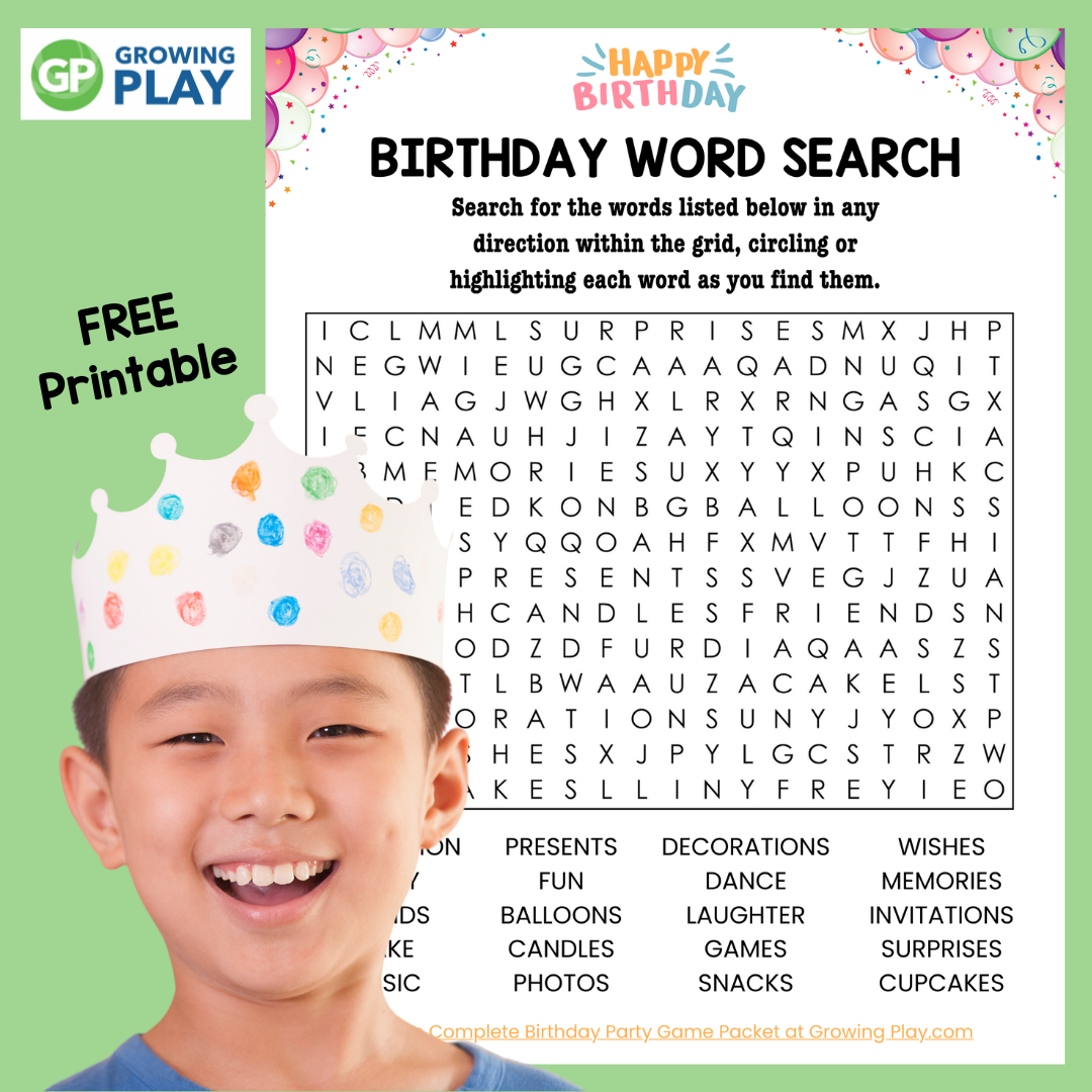 Birthday Party Word Search Free Printable Puzzle Growing Play