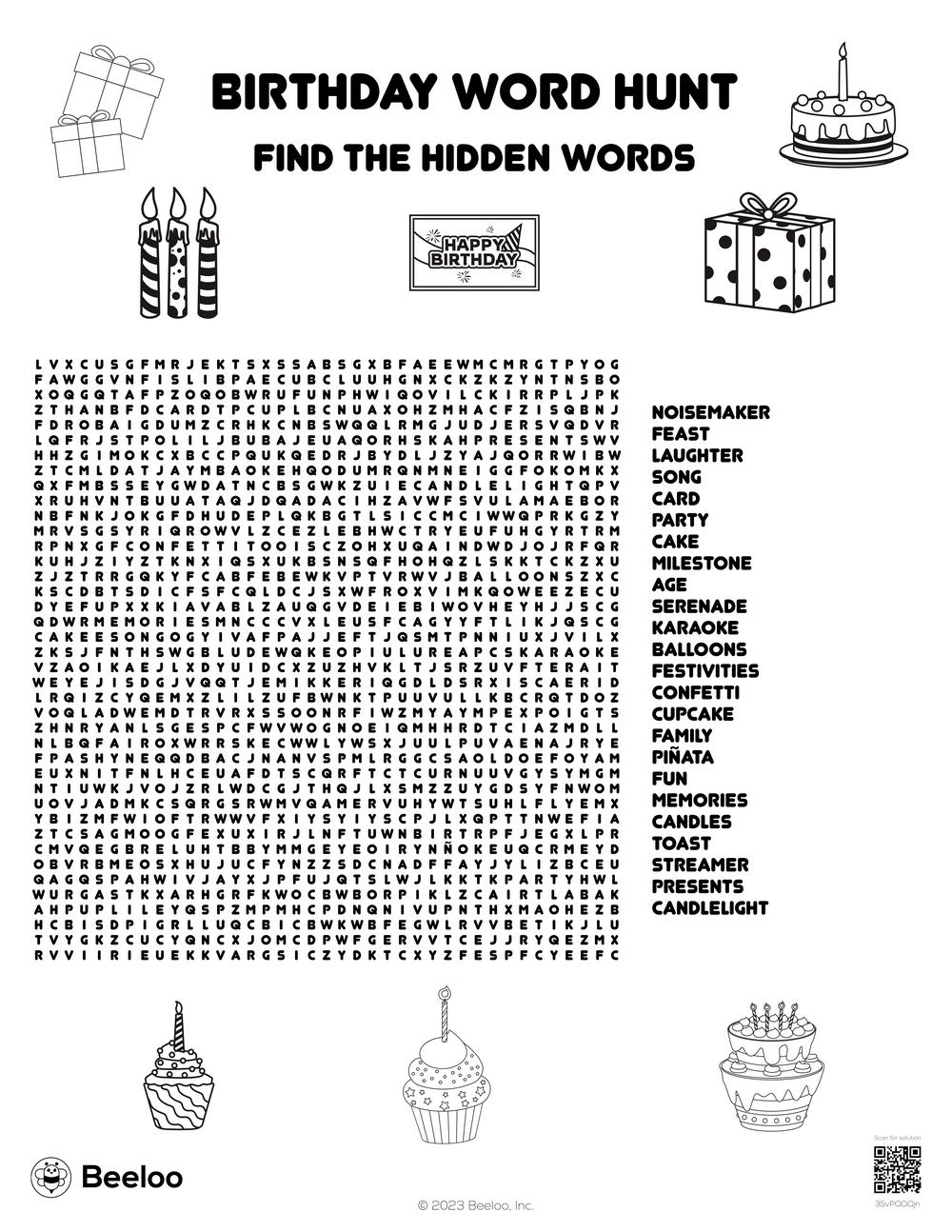 Free Hard Printable Birthday Word Search